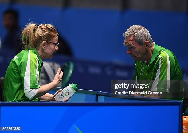 Rio , Brazil - 10 September 2016; Rena McCarron Rooney of Ireland with her team leader, and husband, Ronan Rooney during the SF1 - 2 Women's Singles...