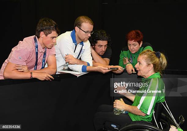 Rio , Brazil - 10 September 2016; Rena McCarron Rooney of Ireland speaks to reporters in the mixed zone after her SF1 - 2 Women's Singles Quarter...