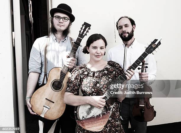 Daniel Weltman, Liam Kirby and Ruth Gordon of The Ninetree Stumblers at Sidmouth Folk Week in Sidmouth, Devon, UK, 2nd August 2015.