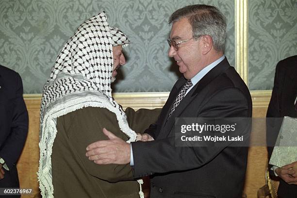 Visit of Palestinian leader Yasser Arafat in Moscow, Russia, in February 1997. Pictured: Yasser Arafat and Russian Prime Minister Yevgeny Primakov.