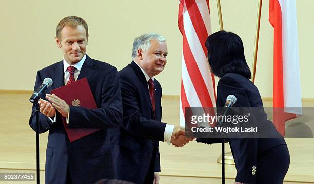 20th AUGUST 2008: A visit of United States Secretary of State Condoleezza Rice in Warsaw, Poland on August 20th, 2008. Pictured: Polish Prime...