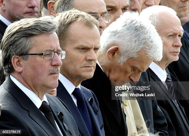 11th APRIL 2010: Speaker of the Polish parliament Bronislaw Komorowski, Polish Prime Minister Donald Tusk, President of the European Parliament Jerzy...