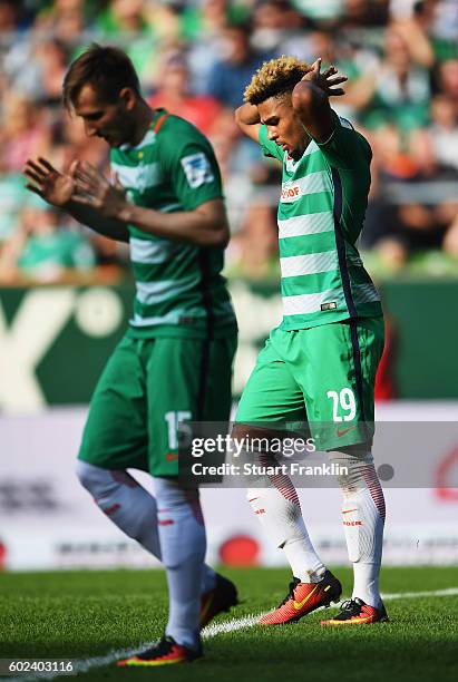 Serge Gnabry of Bremen reacts to a missed chance during the Bundesliga match between Werder Bremen and FC Augsburg at Weserstadion on September 11,...