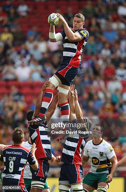 Ian Evans of Bristol wins the lineout during the Aviva Premiership match between Bristol and Northampton Saints at Ashton Gate on September 11, 2016...