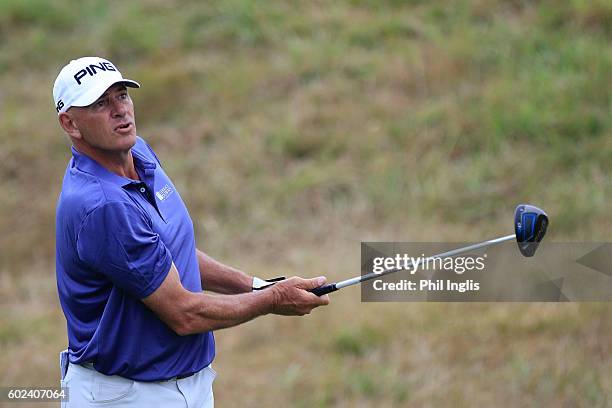 Peter Fowler of Australia in action during the final round of the Paris Legends Championship played on L'Albatros Course at Le Golf National on...