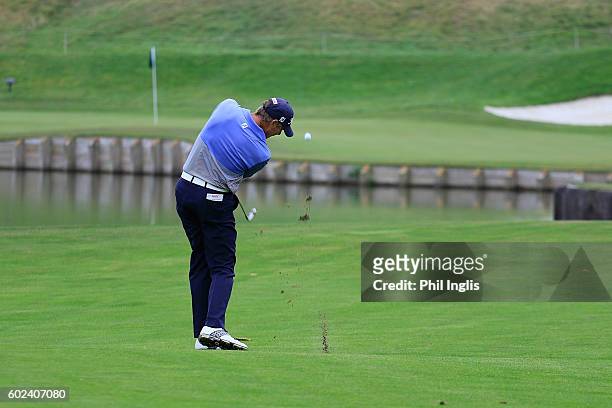 James Kingston of South Africa in action during the final round of the Paris Legends Championship played on L'Albatros Course at Le Golf National on...