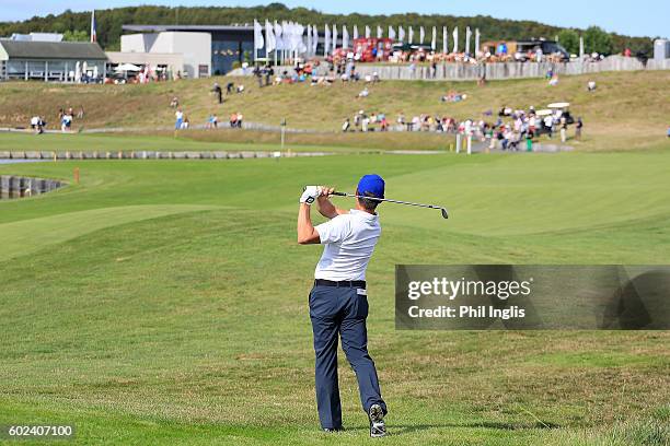 Magnus P Atlevi of Sweden in action during the final round of the Paris Legends Championship played on L'Albatros Course at Le Golf National on...