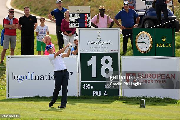 Magnus P Atlevi of Sweden in action during the final round of the Paris Legends Championship played on L'Albatros Course at Le Golf National on...