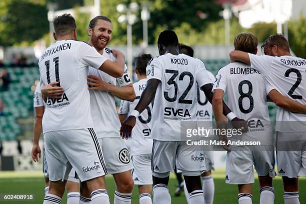 Eero Markkanen of AIK celebrates after scoring 0-3 during the Allsvenskan match between GIF Sundsvall and AIK at Norrporten Arena on September 11,...