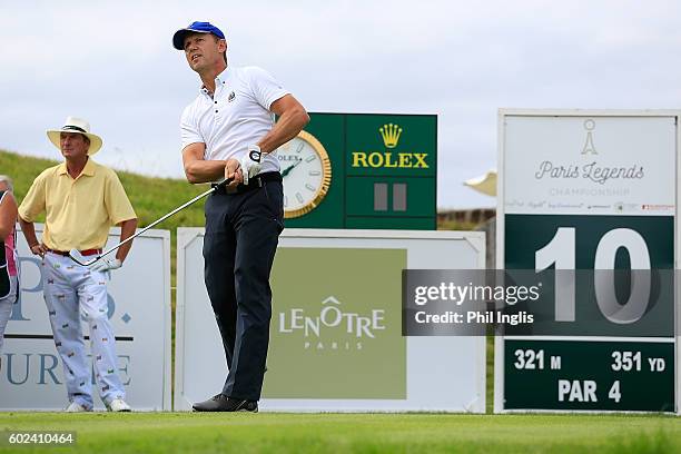 Magnus P Atlevi of Sweden in action during the final round of the Paris Legends Championship played on L'Albatros Course at Le Golf National on...