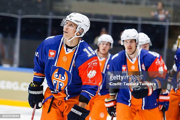 Veli-Matti Savinainen of Tappara Tampere scored 2-0 late in the first period during the Champions Hockey League match between Tappara Tampere and...