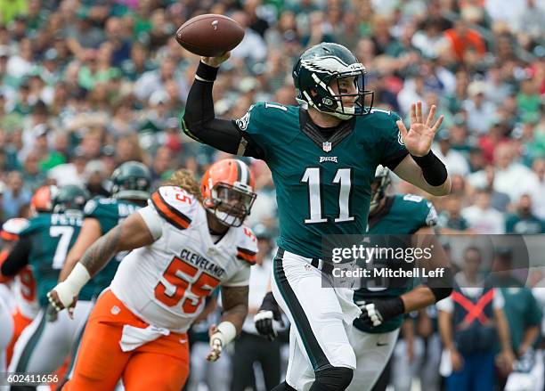 Carson Wentz of the Philadelphia Eagles passes the ball against Danny Shelton of the Cleveland Browns in the first quarter at Lincoln Financial Field...