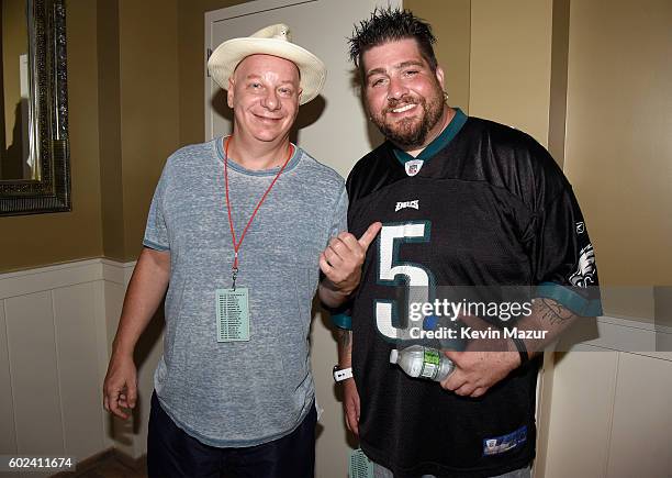 Comedians Jeff Ross and Big Jay Oakerson pose backstage during Oddball Comedy Festival at Nikon at Jones Beach Theater on September 10, 2016 in...