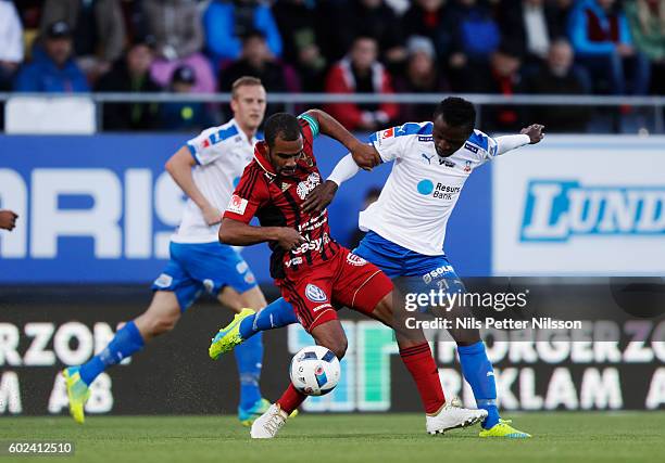 Alex Dyer of Ostersunds FK and Monday Samuel of Helsingborgs IF competes for the ballduring the Allsvenskan match between Ostersunds FK and...
