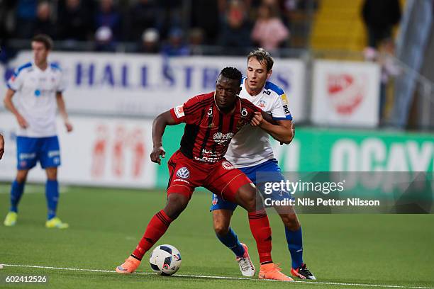 Alhaji Gero of Ostersunds FK and Frederik Helstrup Jensen of Helsingborgs IF competes for the ball during the Allsvenskan match between Ostersunds FK...