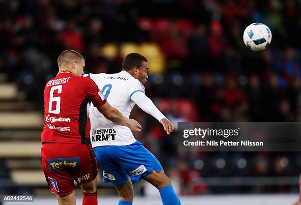 Douglas Bergqvist of Ostersunds FK and Tyrell Rusike of Helsingborgs IF competes for the ball during the Allsvenskan match between Ostersunds FK and...