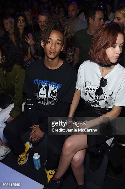 Jaden Smith and Sarah Snyder attend the Hood By Air fashion show during New York Fashion Week: The Shows at The Arc, Skylight at Moynihan Station on...