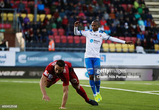 Stotirios Papagiannopoulus of Ostersunds FK and Bradley Ralani of Helsingborgs IF during the Allsvenskan match between Ostersunds FK and Helsingborgs...