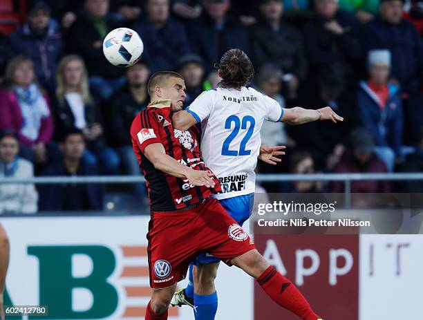 Douglas Bergqvist of Ostersunds FK and Jesper Lange of Helsingborgs IF comp during the Allsvenskan match between Ostersunds FK and Helsingborgs IF at...