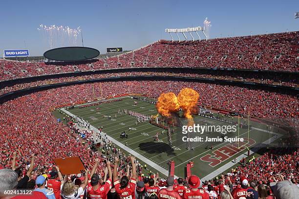 Kansas City Chiefs fans pack a flame filled Arrowhead Stadium for player introductions before the first game of the season against the San Diego...