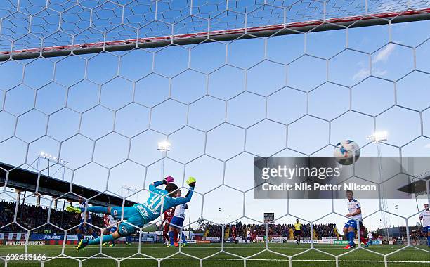 Alex Dyer of Ostersunds FK scores 2-0 during the Allsvenskan match between Ostersunds FK and Helsingborgs IF at Jamtkraft Arena on September 11, 2016...