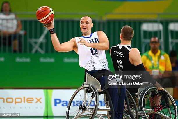 Ian Sagar of Great Britain and Andre Bienek of Germany during Wheelchair basketball match Germany against Great Britain during Rio 2016 Paralympics...