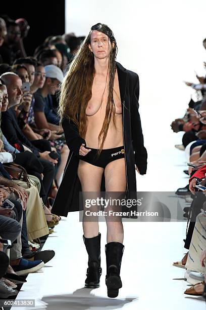 Image contains nudity. A model walks the ruwnay at the Hood By Air fashion show during New York Fashion Week: The Shows at The Arc, Skylight at...