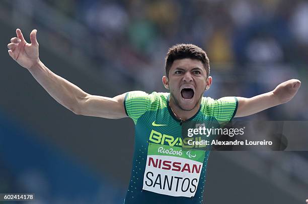 Petrucio Ferreira dos Santos of Brazil celebrates after the victory in the Men's100 meter - T47 final at Olympic Stadium during day 4 of the Rio 2016...