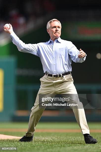 Secretary of the Navy Ray Mabus throws out the first pitch before a baseball game between the Washington Nationals and the Philadelphia Phillies at...