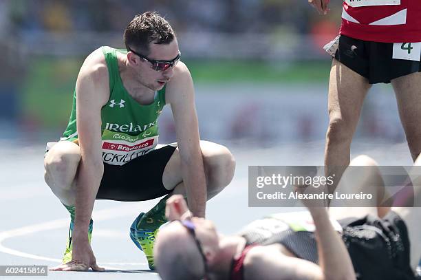 Michael McKillop of Ireland reacts after the victory in the Men's 1500 meter - T37 final at Olympic Stadium during day 4 of the Rio 2016 Paralympic...