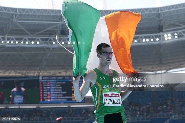 Michael McKillop of Ireland celebrates the victory after the Men's 1500 meter - T37 final at Olympic Stadium during day 4 of the Rio 2016 Paralympic...