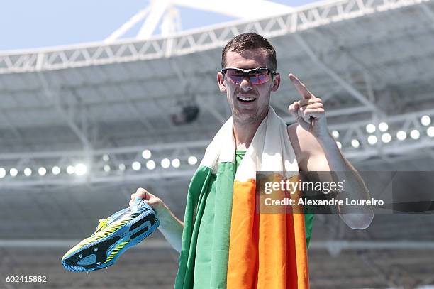 Michael McKillop of Ireland celebrates the victory after the Men's 1500 meter - T37 final at Olympic Stadium during day 4 of the Rio 2016 Paralympic...