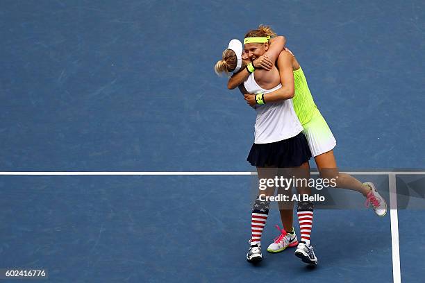 Bethanie Mattek-Sands of the United States and Lucie Safarova of the Czech Republic celebrate defeating Caroline Garcia and Kristina Mladenovic of...