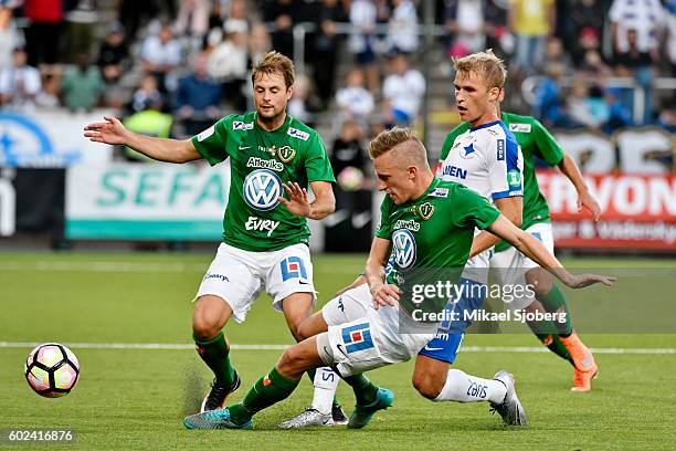 Joakim Karlsson of Jonkopings Sodra and Sebastian Andersson of IFK Norrkoping during the allsvenskan match between IFK Norrkoping and Jonkopings...