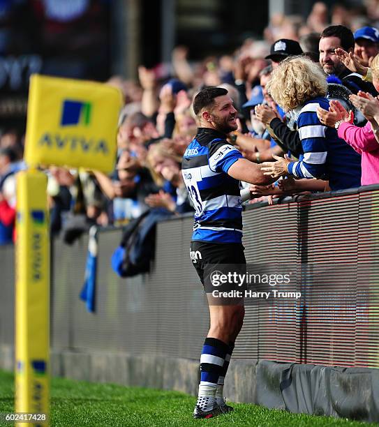 Jeff Williams of Bath Rugby celebrates victory with fans during the Aviva Premiership match between Bath Rugby and Newcastle Falcons at the...