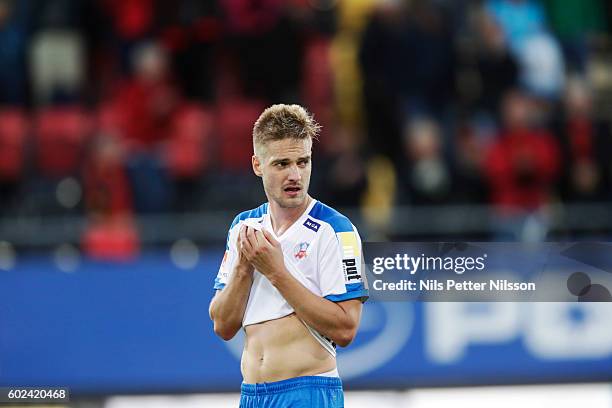 Johan Martensson of Helsingborgs IF dejected after the Allsvenskan match between Ostersunds FK and Helsingborgs IF at Jamtkraft Arena on September...