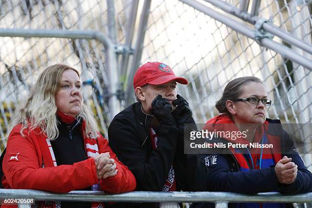 Fans of Helsingborgs IF during the Allsvenskan match between Ostersunds FK and Helsingborgs IF at Jamtkraft Arena on September 11, 2016 in Ostersund,...