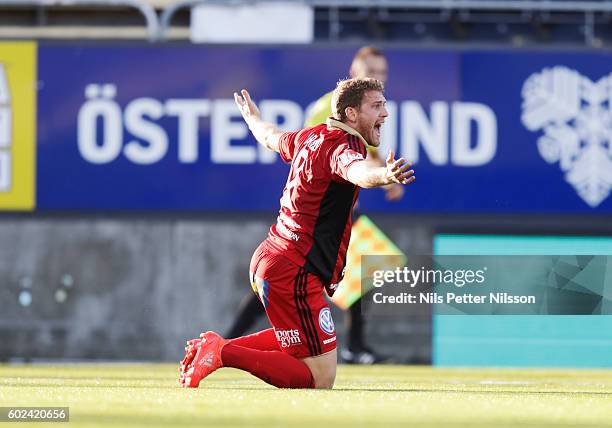 Stefan Karlsson of Ostersunds FK reacts during the Allsvenskan match between Ostersunds FK and Helsingborgs IF at Jamtkraft Arena on September 11,...