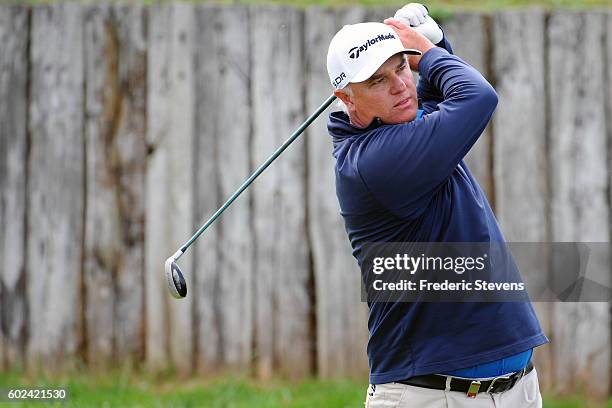 Stephen Dodd of Wales in action during the final round of the Paris Legends Championship played on L'Albatros Course at Le Golf National on September...