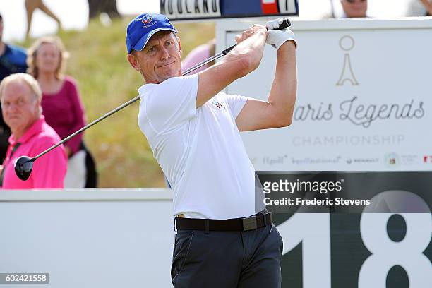 Magnus P Atlevi of Sweden in action during the final round of the Paris Legends Championship played on L'Albatros Course at Le Golf National on...