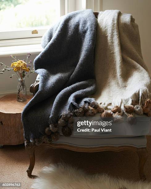 wool blankets on an armchair - alfombra de piel fotografías e imágenes de stock