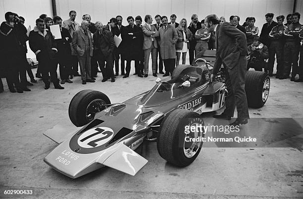 The new Formula One racing car, the Lotus 72, designed by Colin Chapman and Maurice Philippe of Lotus, UK, 6th April 1970.