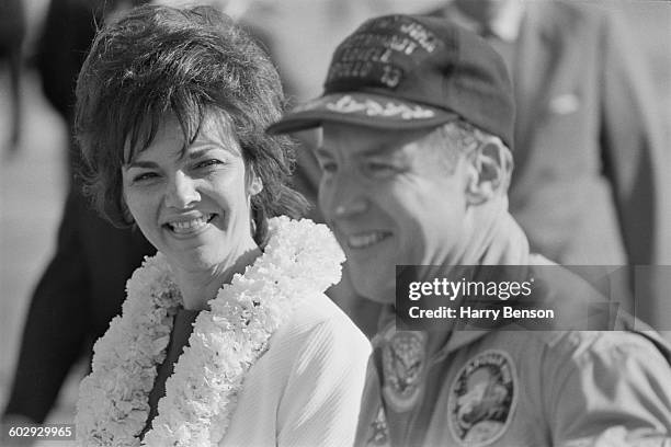 The Apollo 13 astronauts are reunited with their wives in Honolulu, Hawaii, after their safe return to Earth, 23rd April 1970. Pictured here are...