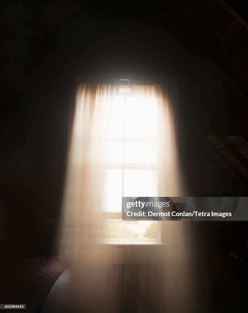 USA, Massachusetts, Cape Cod, Truro, Light colored curtains in window