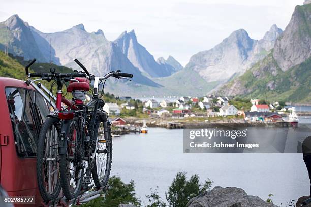 bicycles on car rack, mountains on background - lofoten stock pictures, royalty-free photos & images