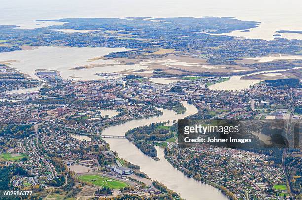 aerial view of city at river - karlstad imagens e fotografias de stock