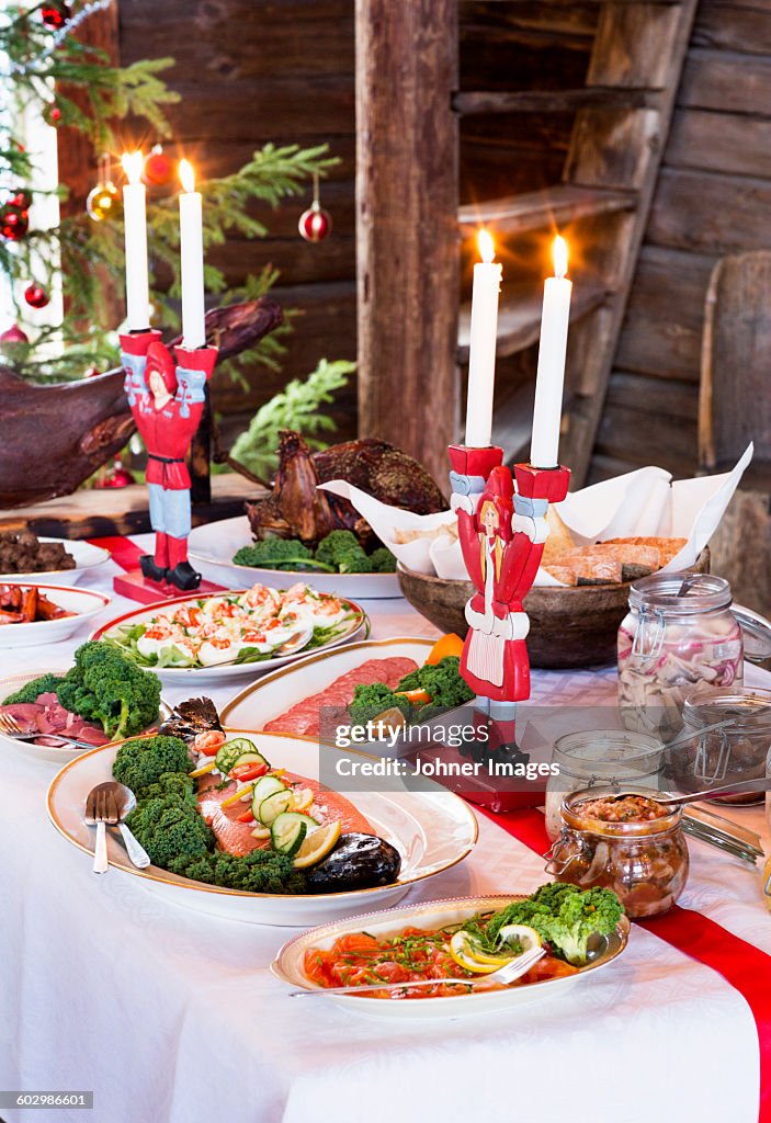 Dining table prepared for Christmas dinner