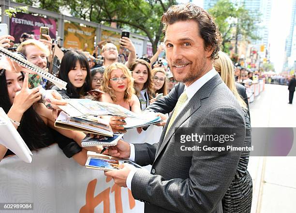 Actor Matthew McConaughey attends the "Sing" premiere during the 2016 Toronto International Film Festival at Princess of Wales Theatre on September...