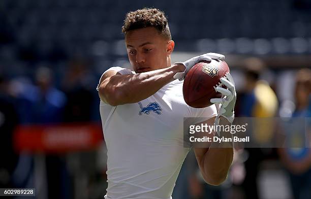Miles Killebrew of the Detroit Lions warms up before the game against the Indianapolis Colts at Lucas Oil Stadium on September 11, 2016 in...