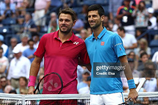 Stan Wawrinka of Switzerland and Novak Djokovic of Serbia pose prior to their Men's Singles Final Match on Day Fourteen of the 2016 US Open at the...